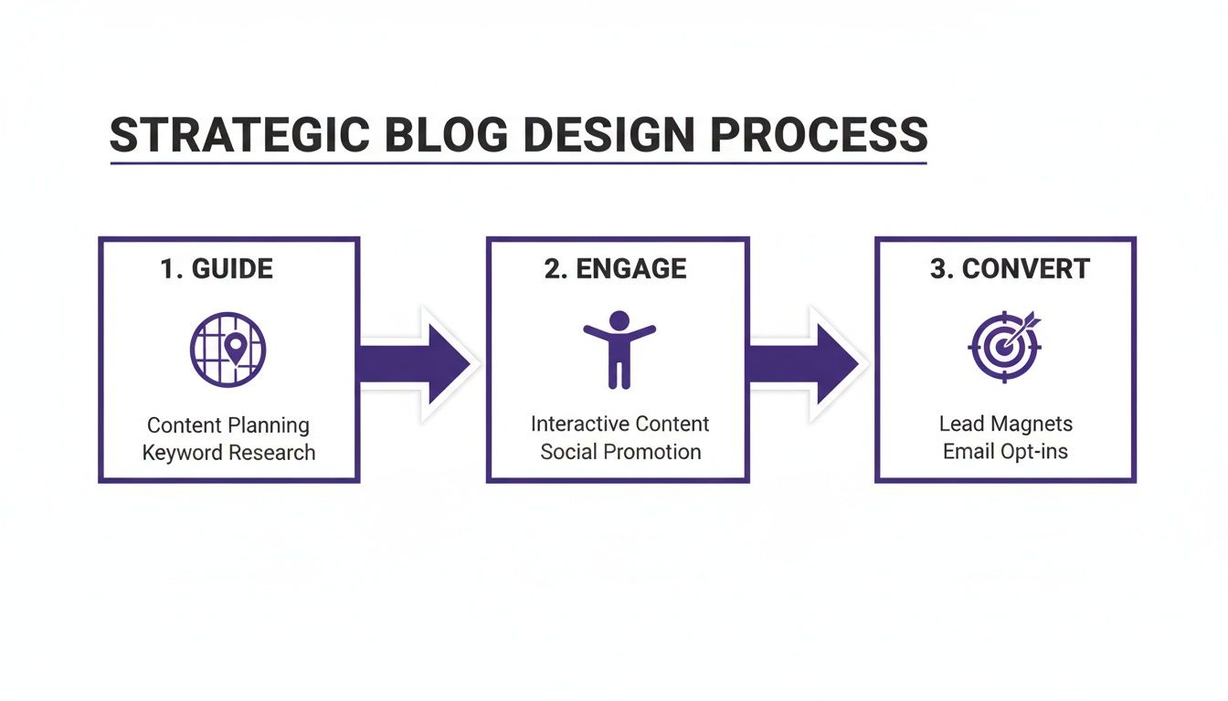 A strategic blog design process infographic showing three steps: Guide, Engage, and Convert for effective blogging.