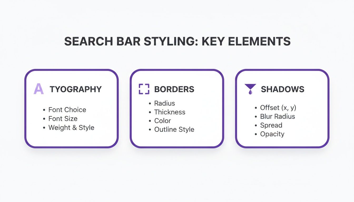 An infographic detailing key styling elements for search bars, including typography, borders, and shadows.
