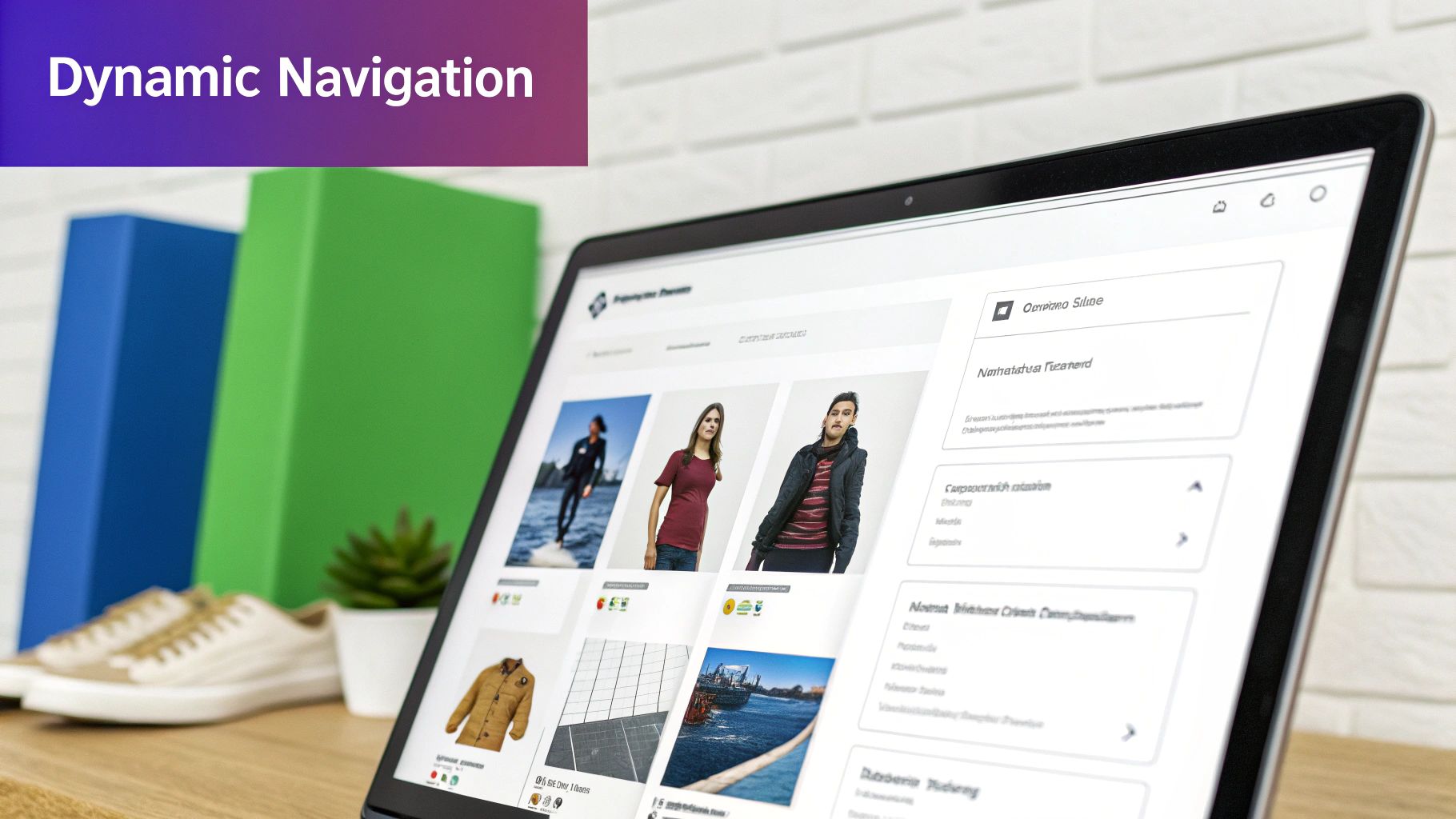 Modern laptop screen displaying a website with dynamic navigation, product listings, and images.