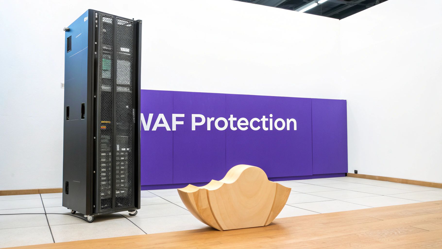 A server rack next to a purple "WAF Protection" sign and a unique wooden sculpture.