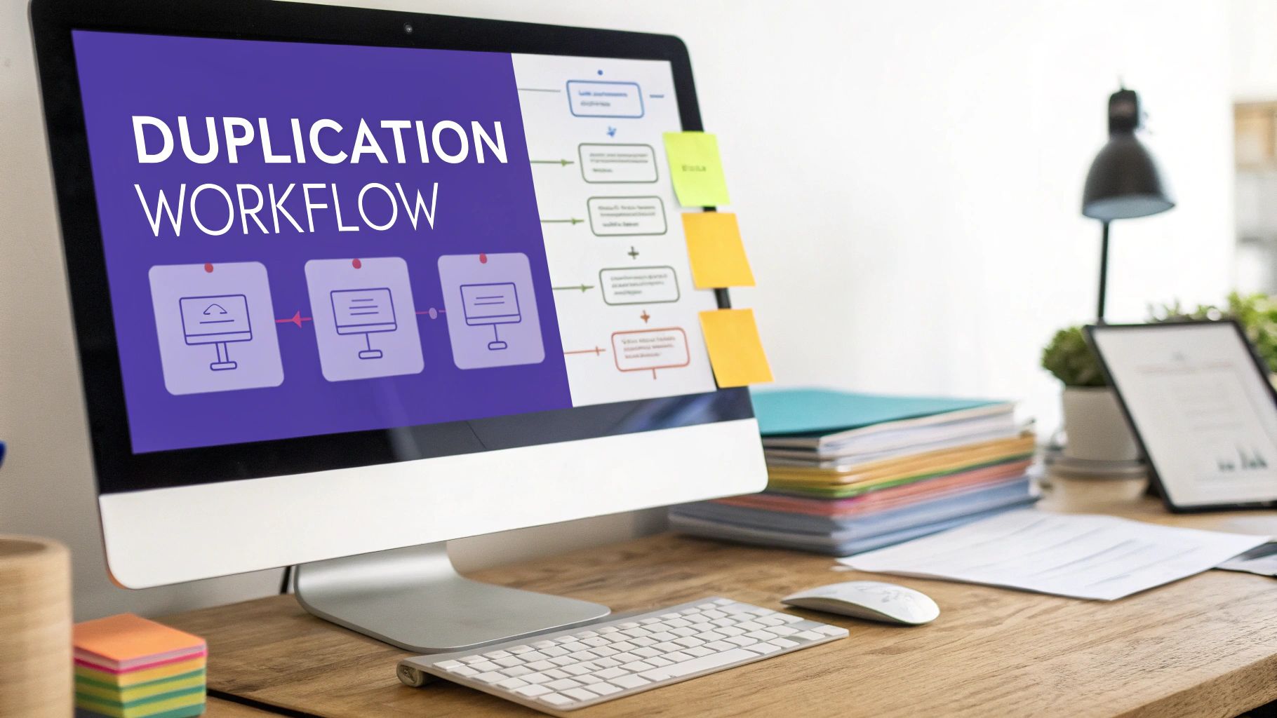 A computer screen displays a 'Duplication Workflow' diagram with icons and steps on an office desk.
