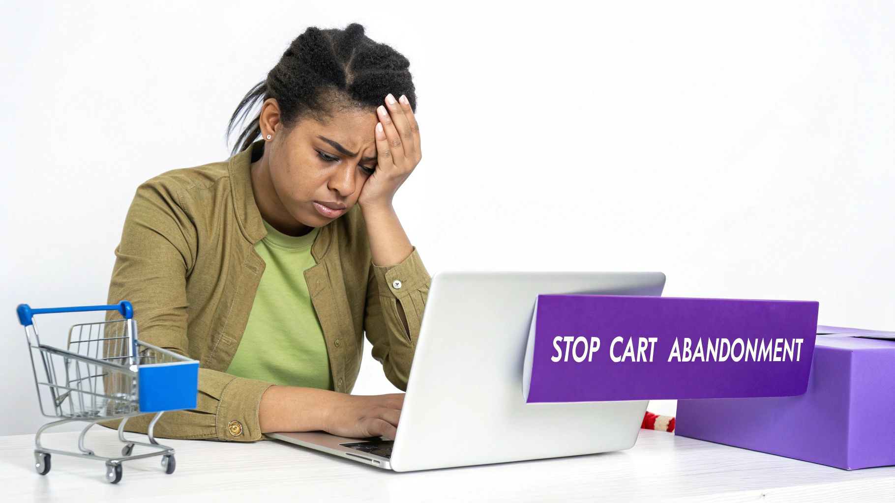 A frustrated woman looking at her laptop with a "STOP CART ABANDONMENT" sign, near a miniature shopping cart.