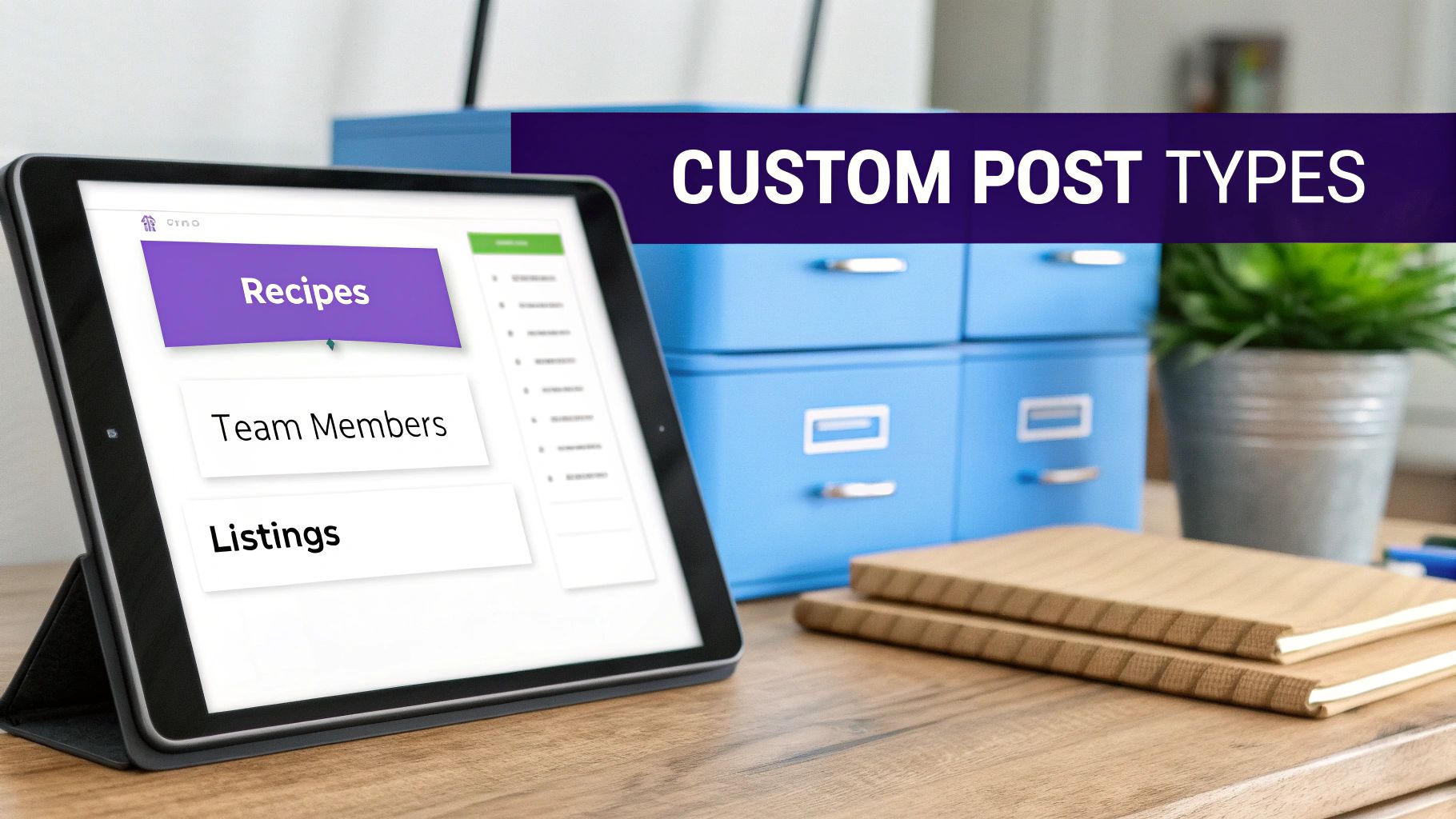 Tablet displaying custom post types interface including recipes, team members, and listings options