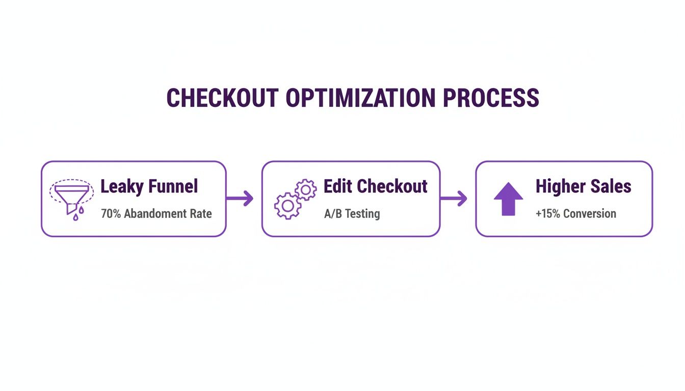 Flowchart illustrating a checkout optimization process, addressing a leaky funnel with A/B testing for higher sales.
