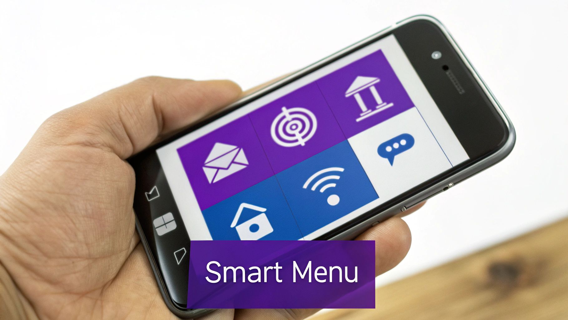 An image showing a custom mobile menu design with integrated search and social icons, created with Divi Areas Pro.