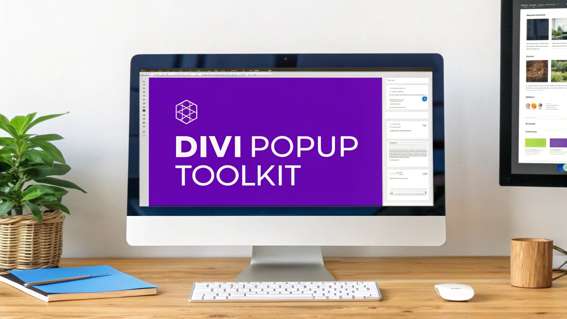A desktop computer shows 'DIVI POPUP TOOLKIT' on a vibrant purple screen, positioned on a clean wooden desk with a plant.