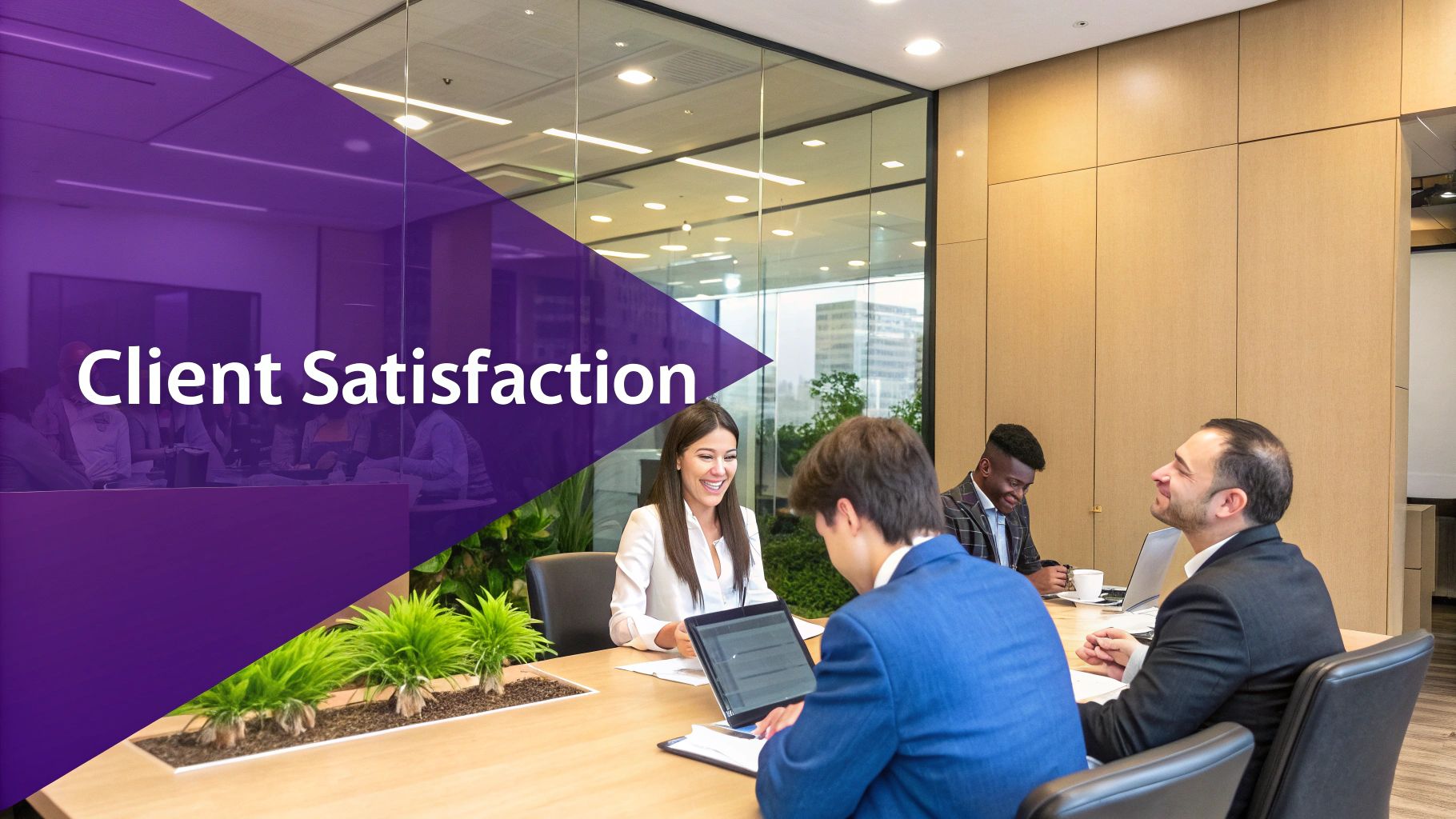 A team collaborating around a table, analyzing charts and graphs related to client satisfaction.