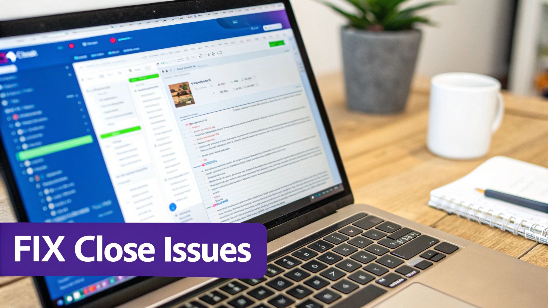 A laptop on a wooden desk showing a web interface for resolving issues, with a plant and white mug.