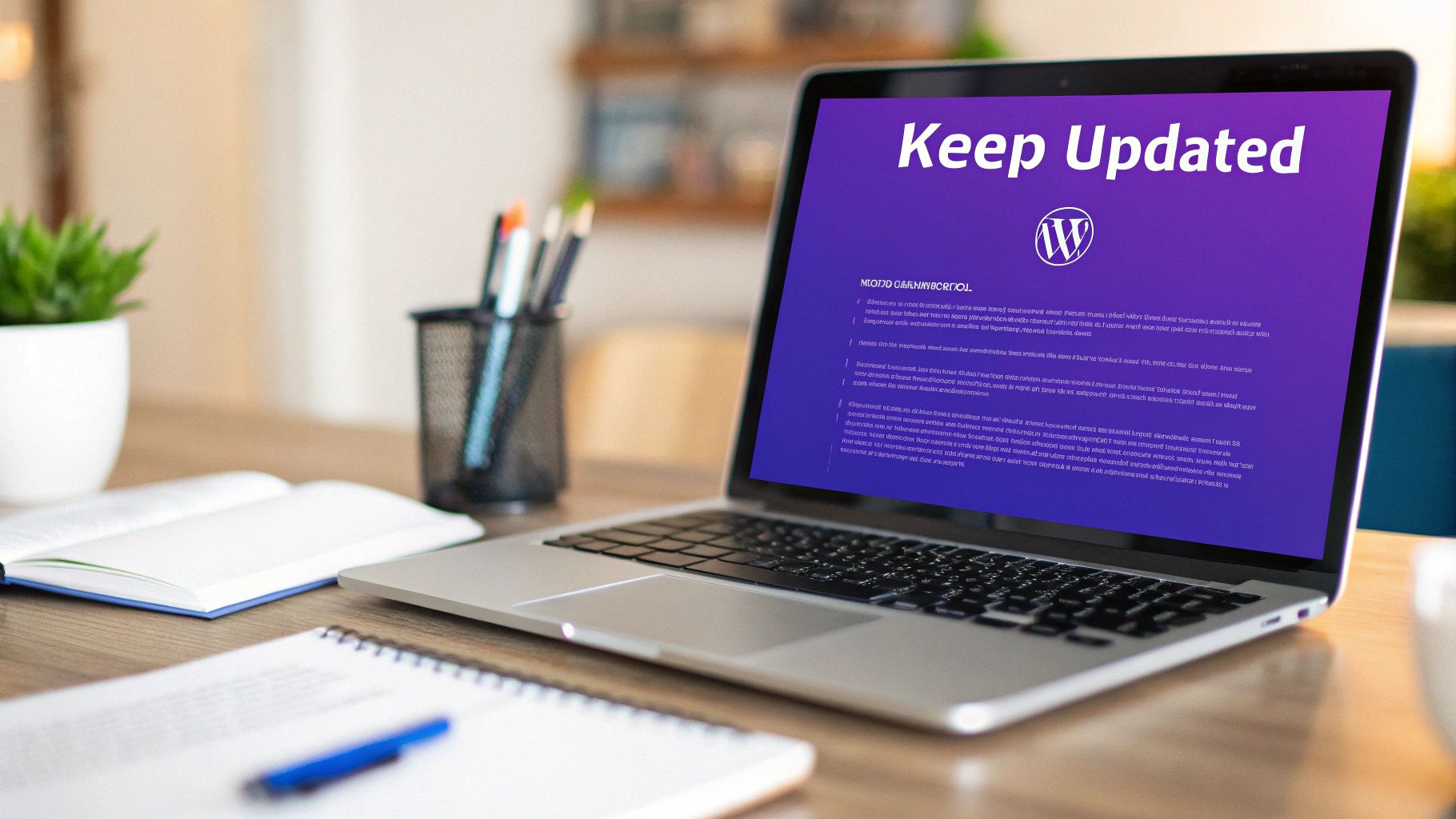A laptop displaying 'Keep Updated' and the WordPress logo on a wooden desk with office supplies.