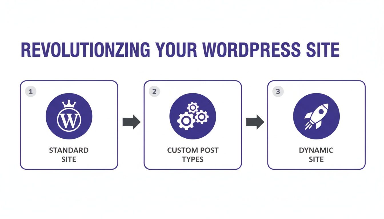 Flowchart illustrating the transformation of a WordPress site from standard to dynamic using custom post types.