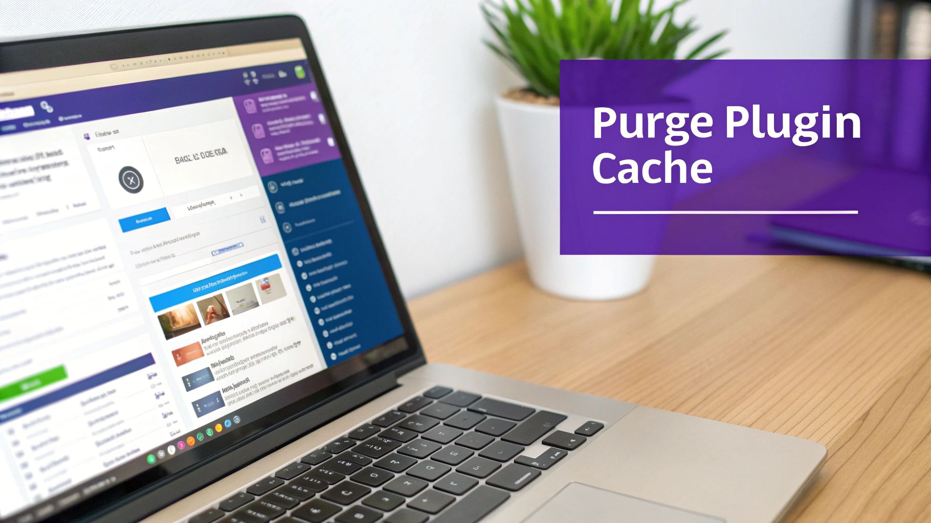 A laptop displaying a website interface, with 'Purge Plugin Cache' text on a purple block, and a potted plant.