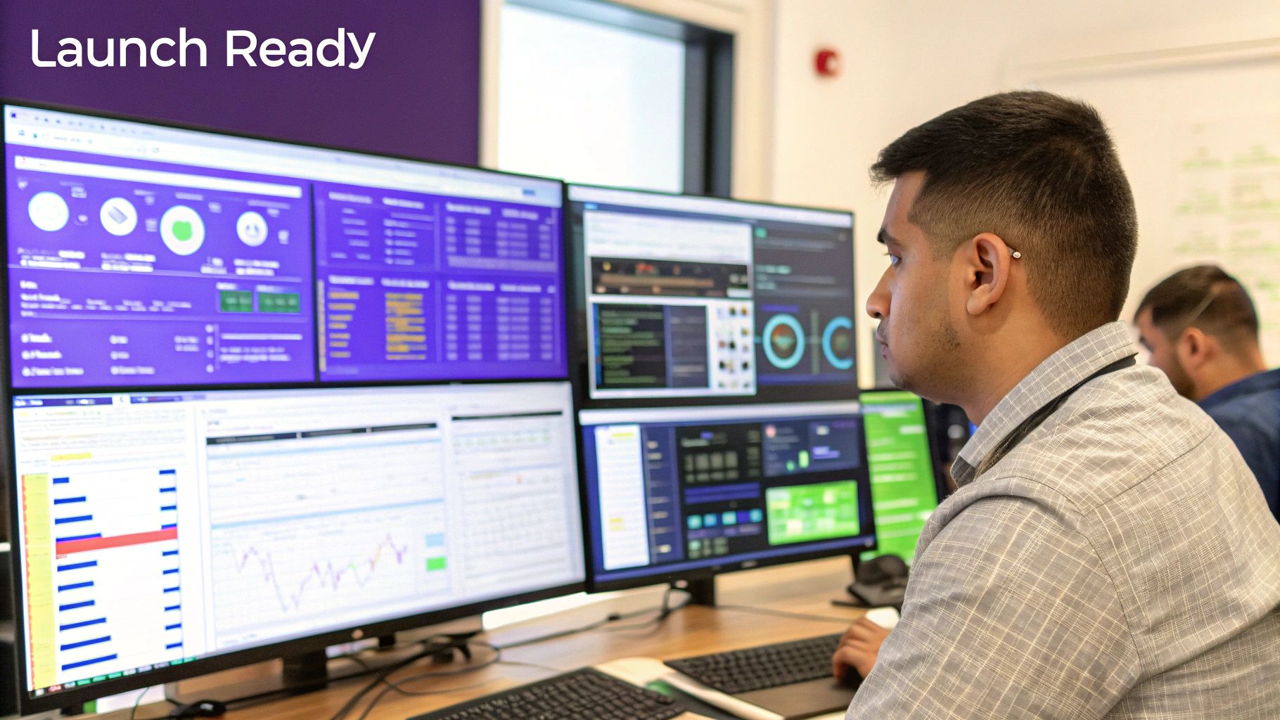 A person at a desk with multiple monitors displaying website analytics, code, and user interface designs, symbolizing the testing and monitoring phase of a website redesign.