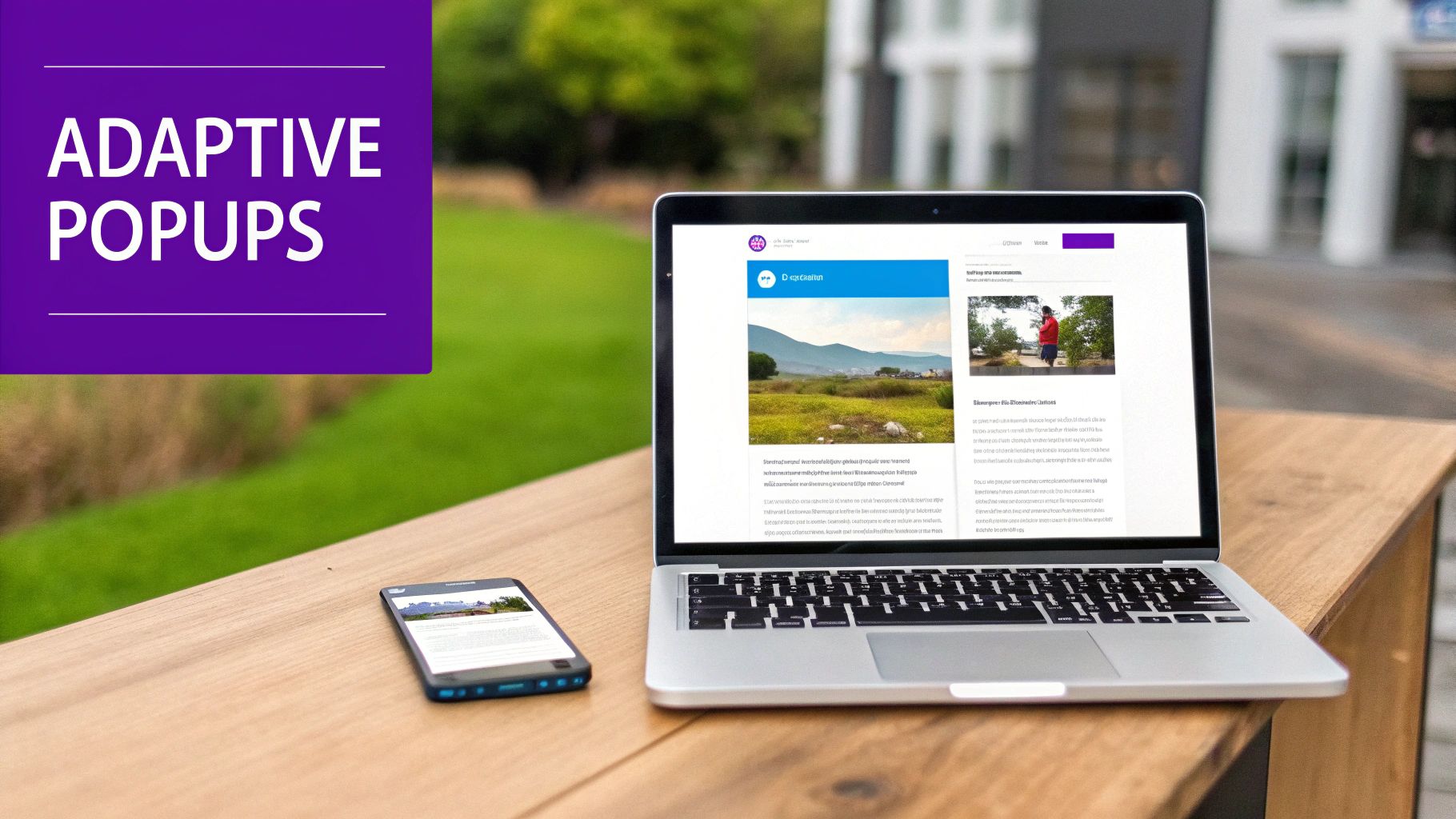 A laptop and a smartphone display a website outdoors on a wooden table, emphasizing adaptive web design.