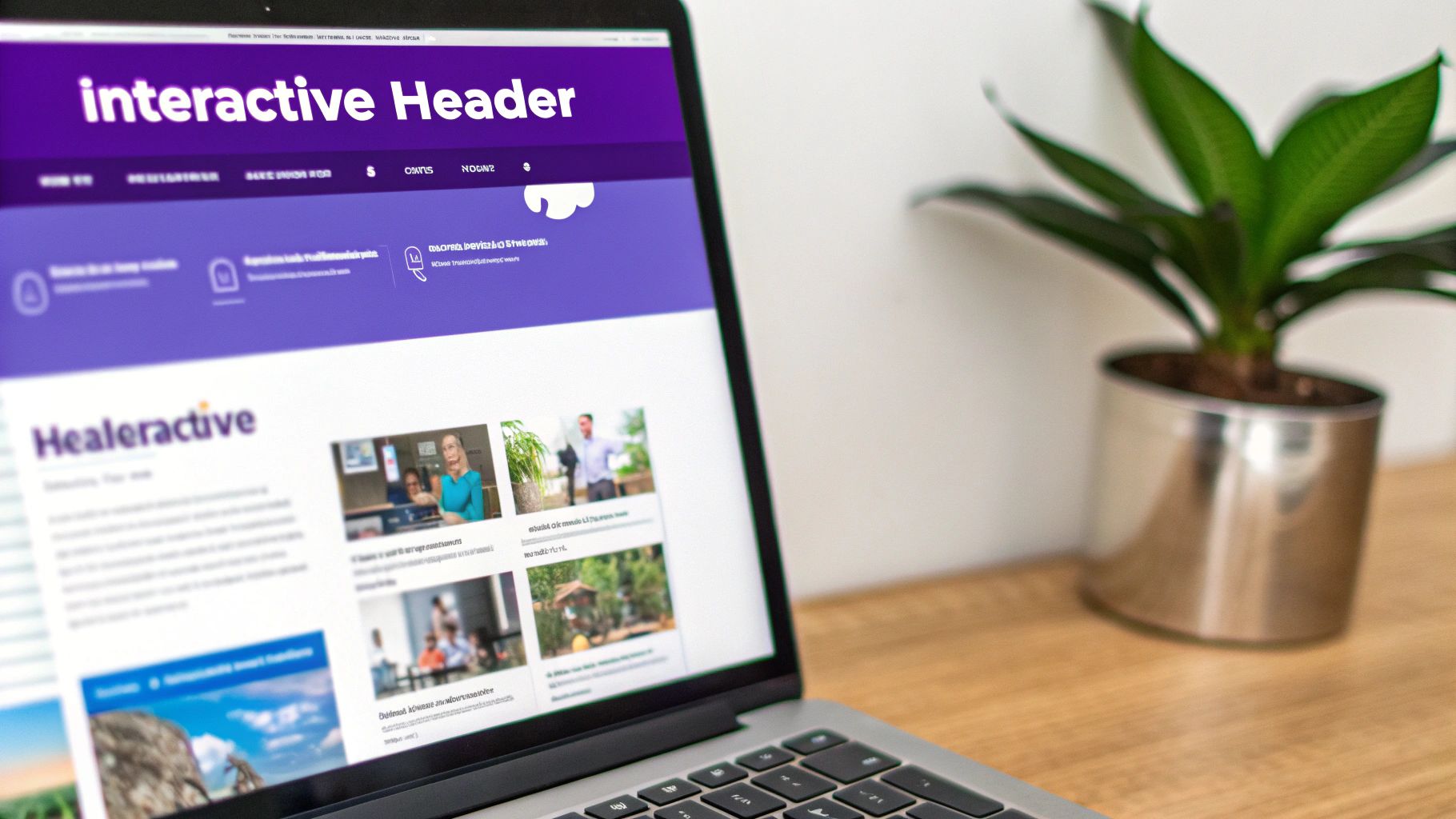 A laptop displays a website with a purple 'interactive Header' and content, next to a green plant on a wooden desk.