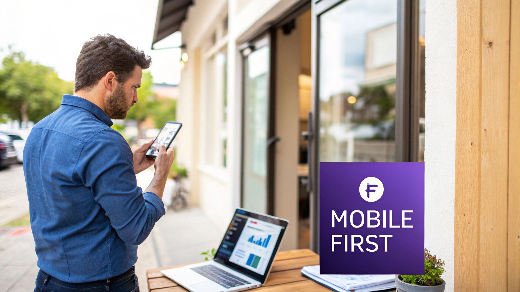 A person holding a smartphone and browsing a mobile-friendly website with a laptop in the background.