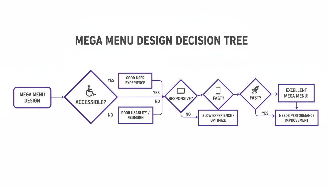 Mega menu design decision tree flowchart assessing accessibility, responsiveness, and performance for an excellent user experience.
