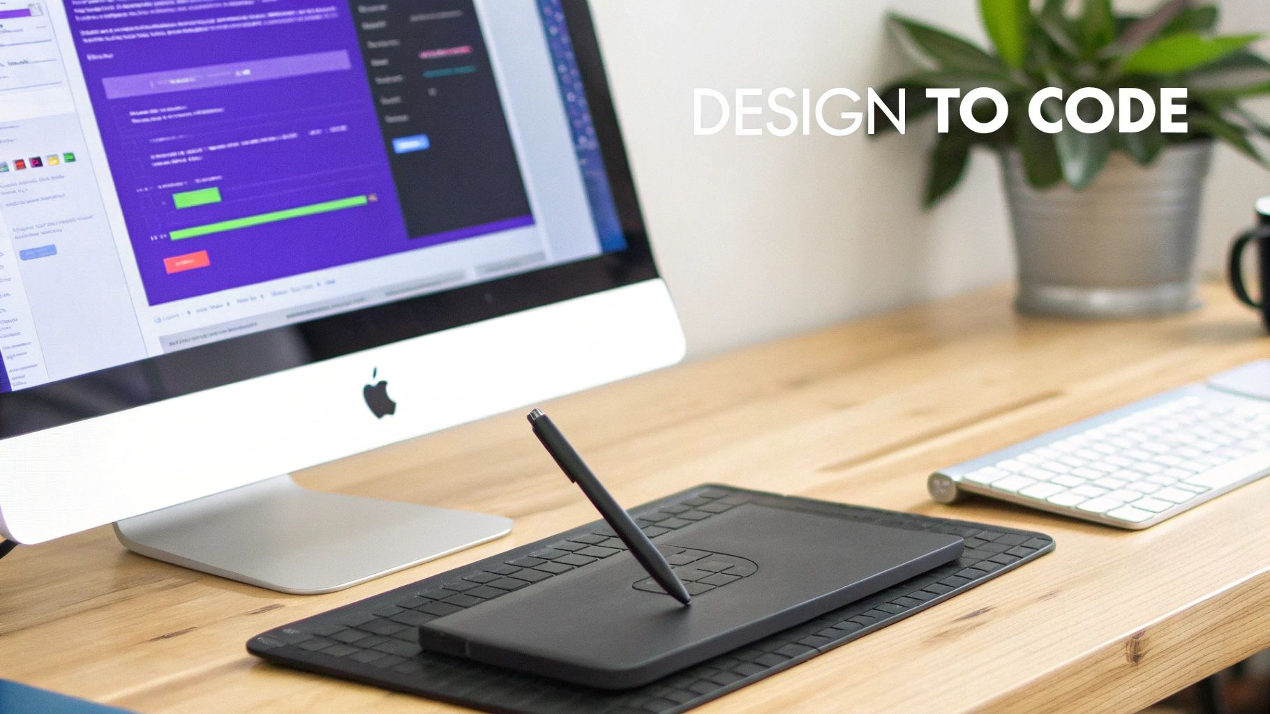 A creative workspace featuring an iMac, a digital drawing tablet with stylus, and a keyboard on a wooden desk.