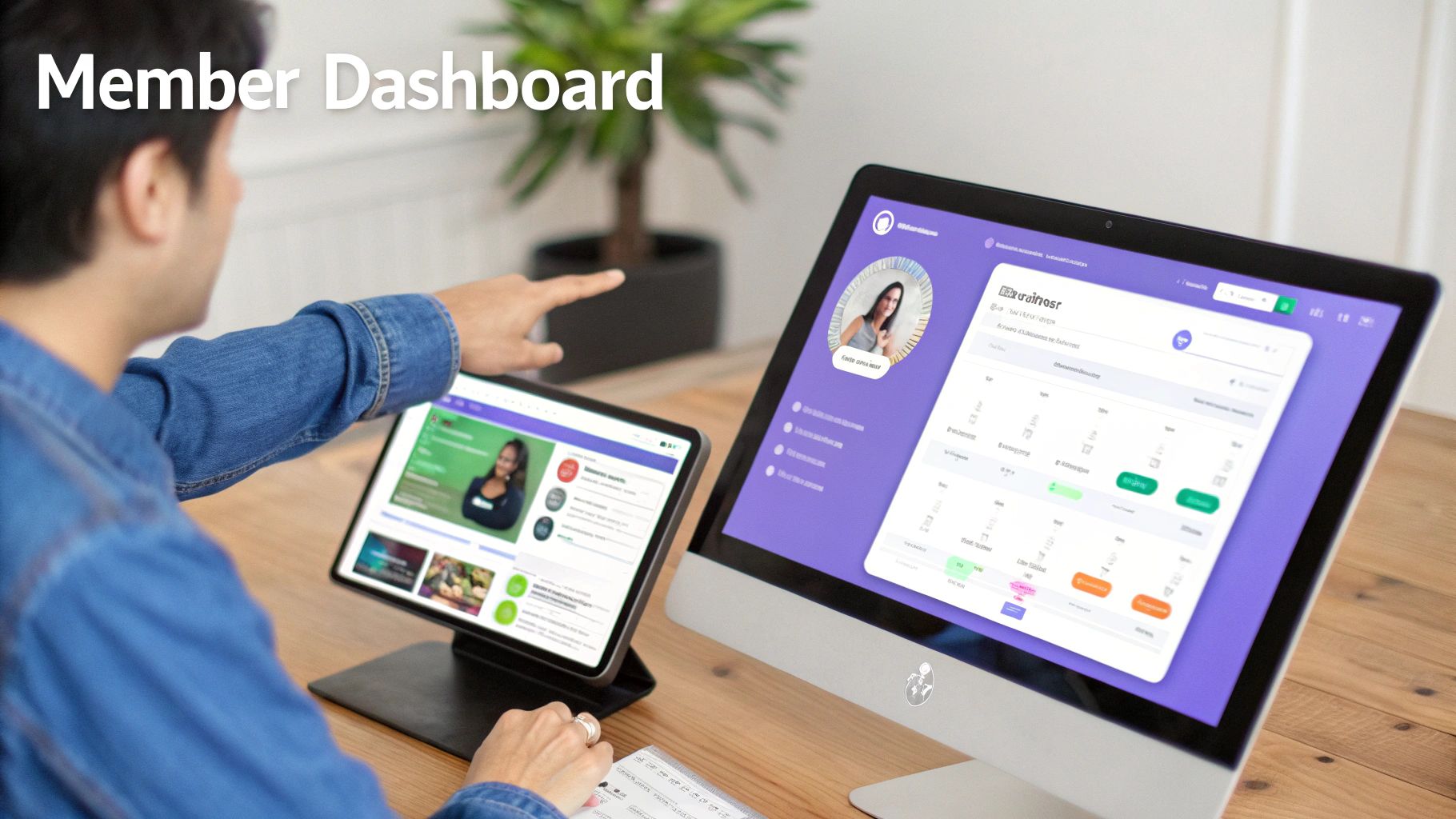 Man pointing at a tablet and desktop monitor showing a member dashboard for websites.