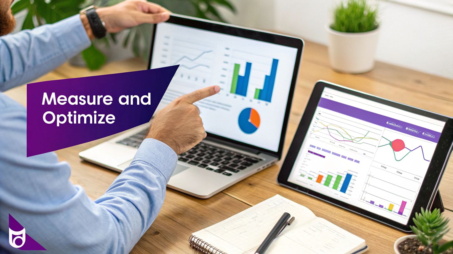 Person analyzing business data on a laptop and tablet, displaying charts and graphs.