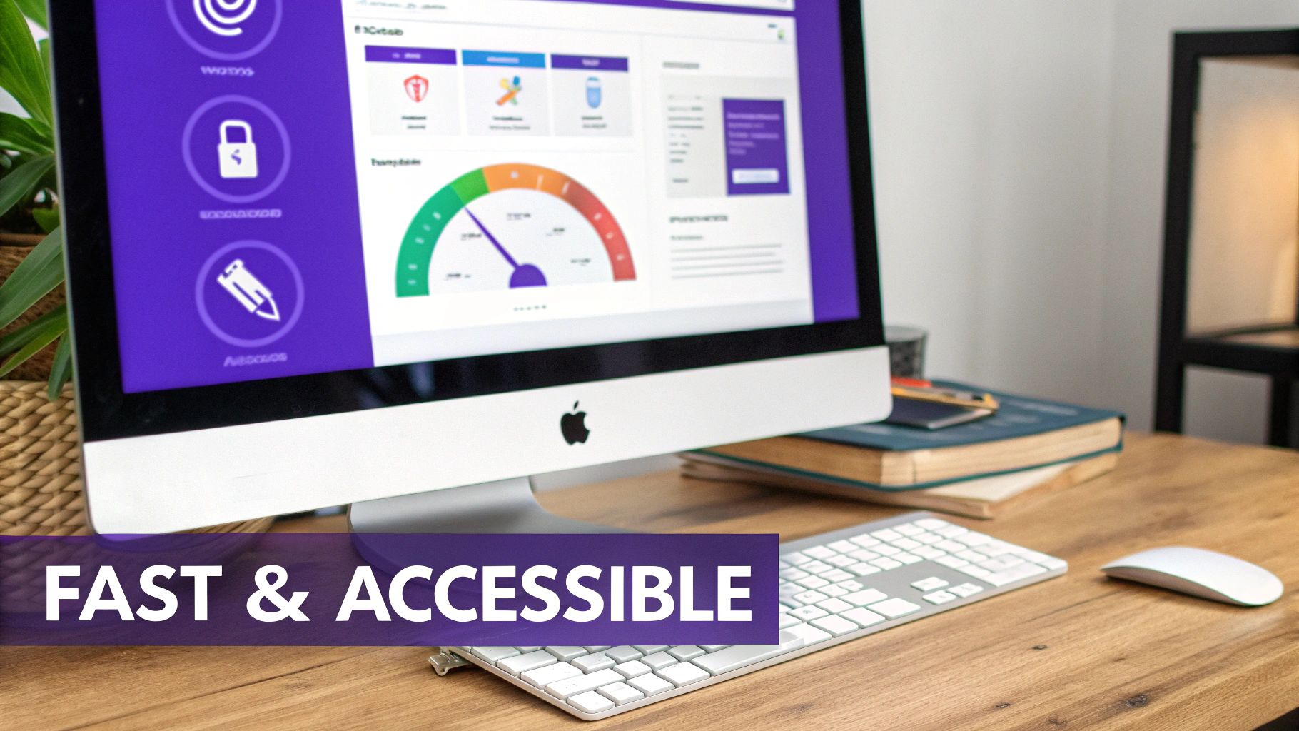A modern Apple iMac displaying a data dashboard, keyboard, and mouse on a wooden desk with 'FAST & ACCESSIBLE' text.