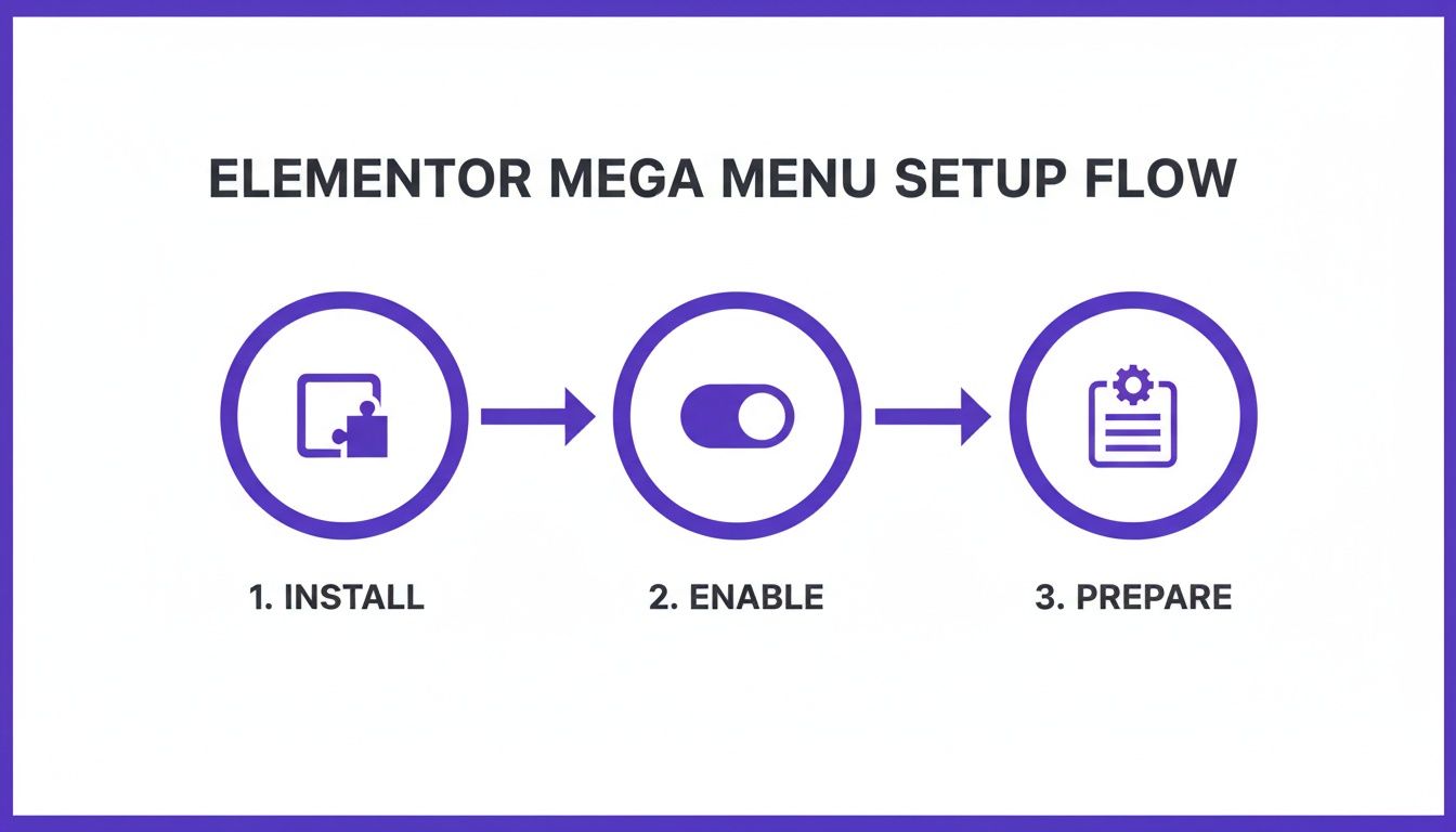 Diagram illustrating the Elementor mega menu setup flow with three steps: Install, Enable, Prepare.