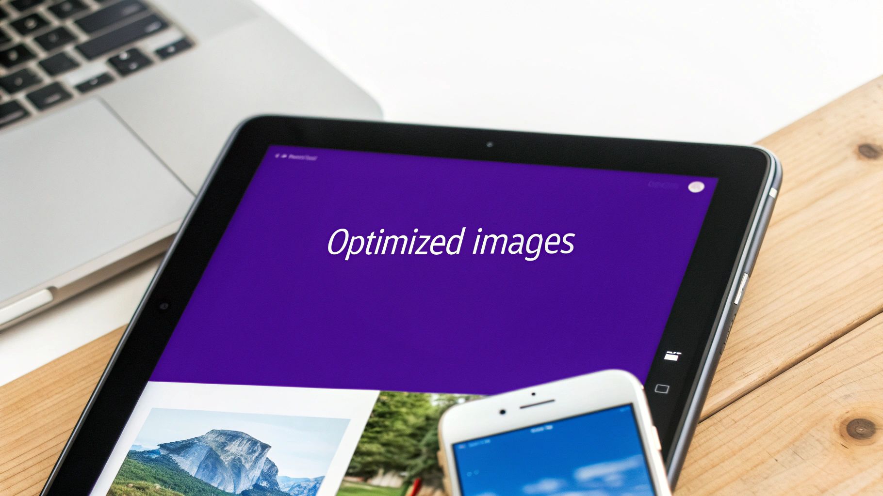 A tablet displaying "Optimized images" alongside a laptop and a smartphone on a wooden table.
