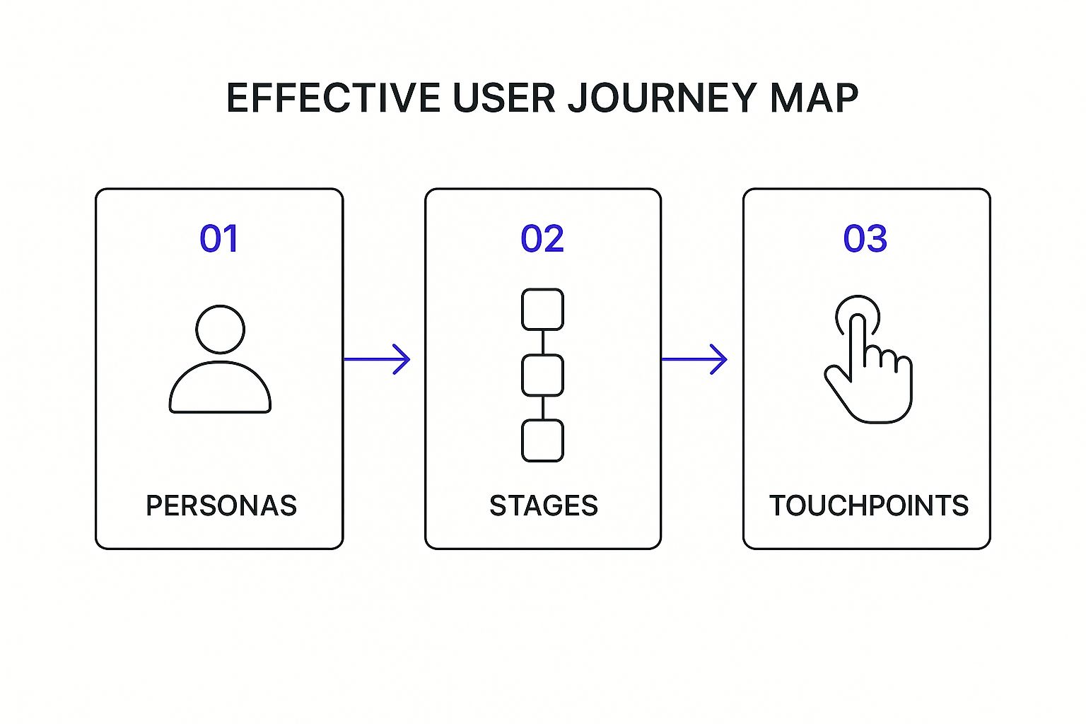 Infographic showing the process flow from Personas to Stages to Touchpoints in user journey mapping.