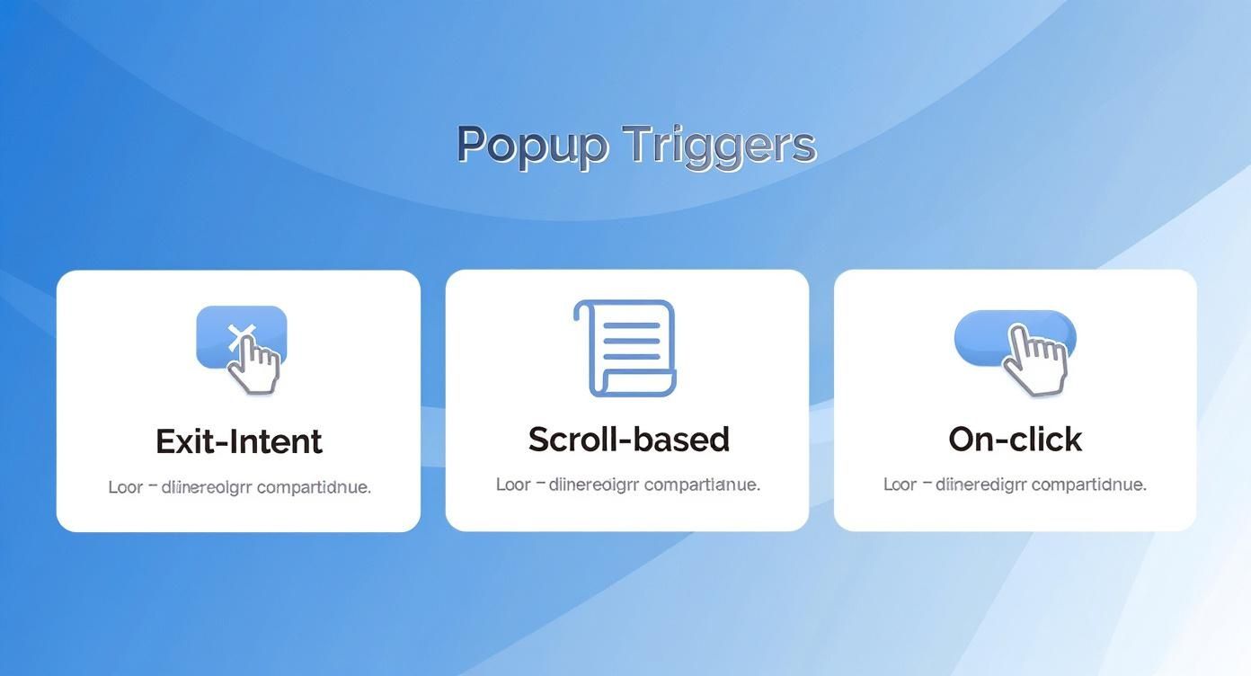 Infographic displaying three popup triggers: Exit-Intent, Scroll-based, and On-click, with icons.