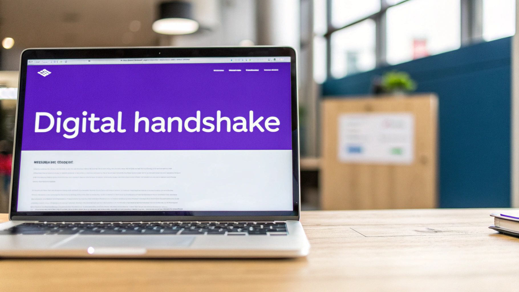 Laptop displaying a website with a purple header and 'Digital handshake' text on a wooden desk.