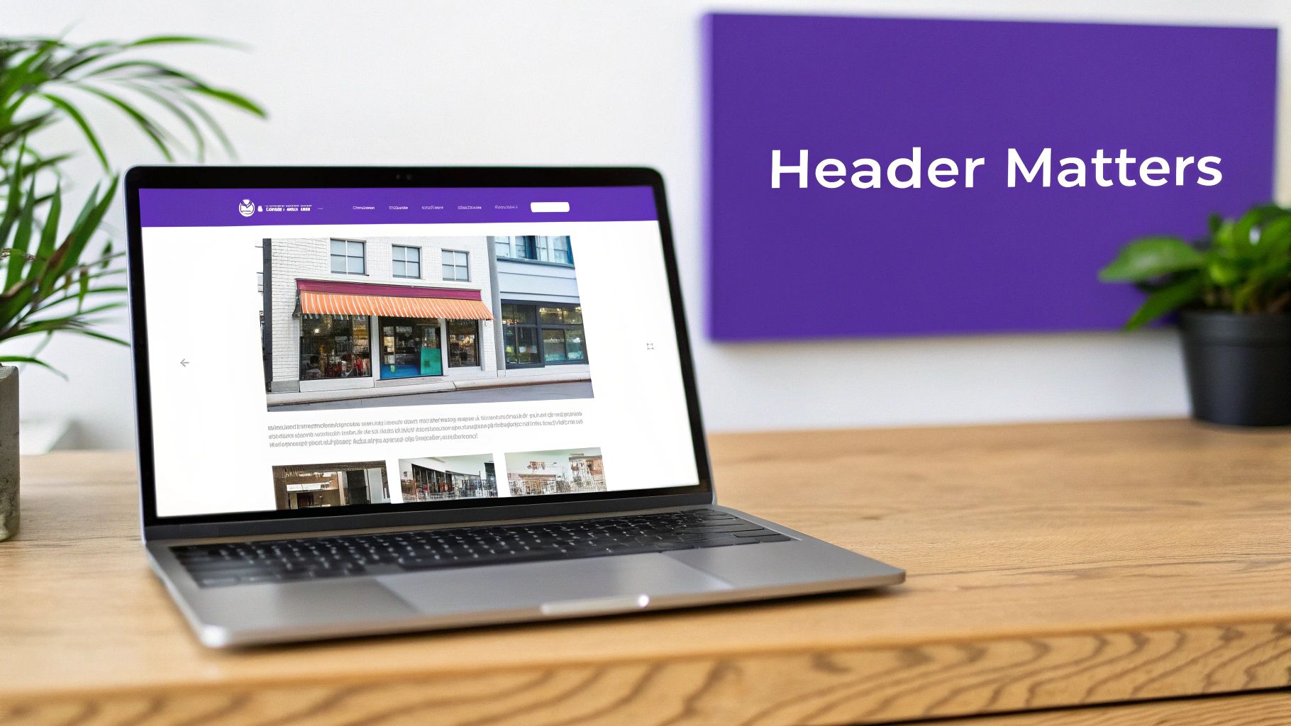A clean, minimalist website header design shown on a laptop screen.