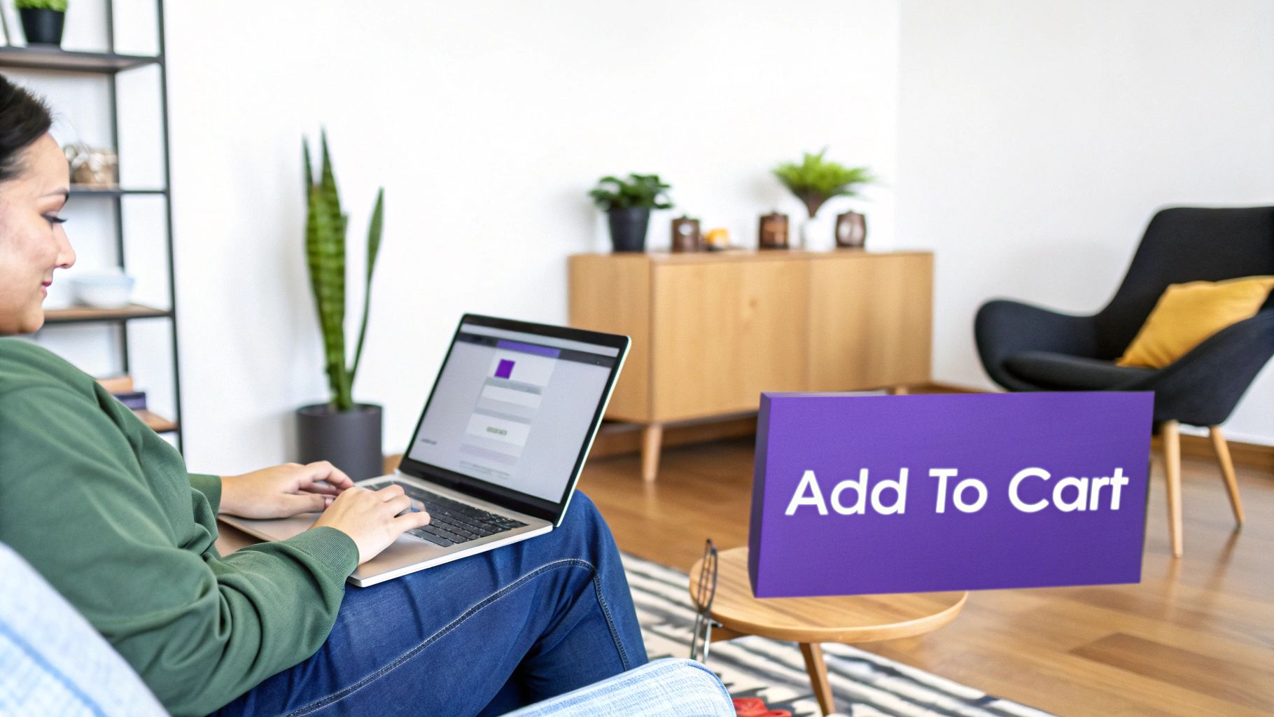 A stylized shopping cart icon next to a smartphone screen showing an e-commerce website.