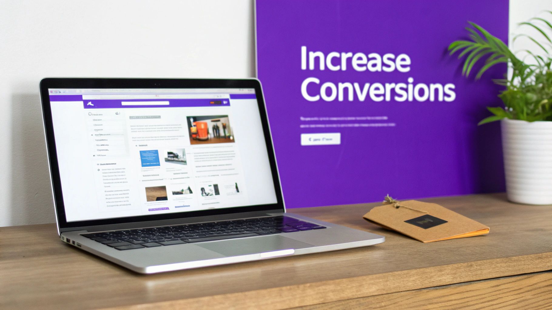 A laptop on a wooden desk displays a website, with a purple 'Increase Conversions' sign and a plant.