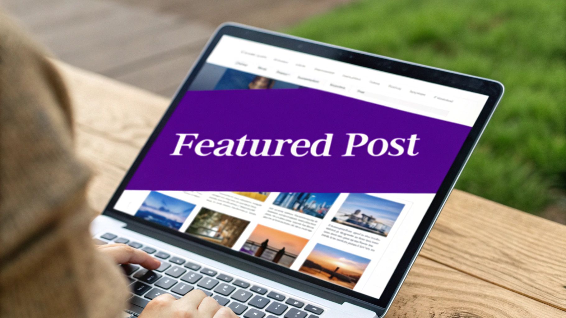 Person typing on a laptop showing a website with a 'Featured Post' and article thumbnails, outdoors on a wooden table.