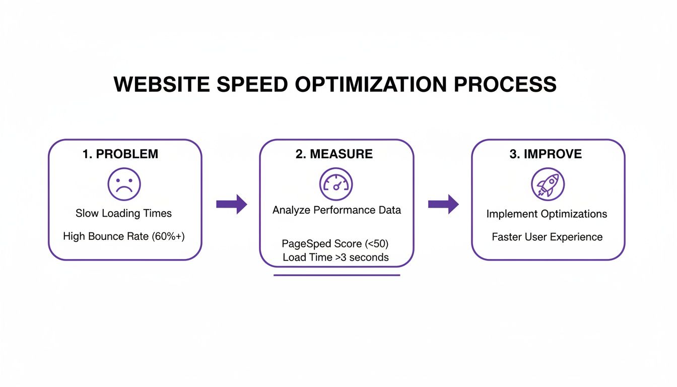 A diagram outlining the three-step website speed optimization process: Problem, Measure, and Improve.
