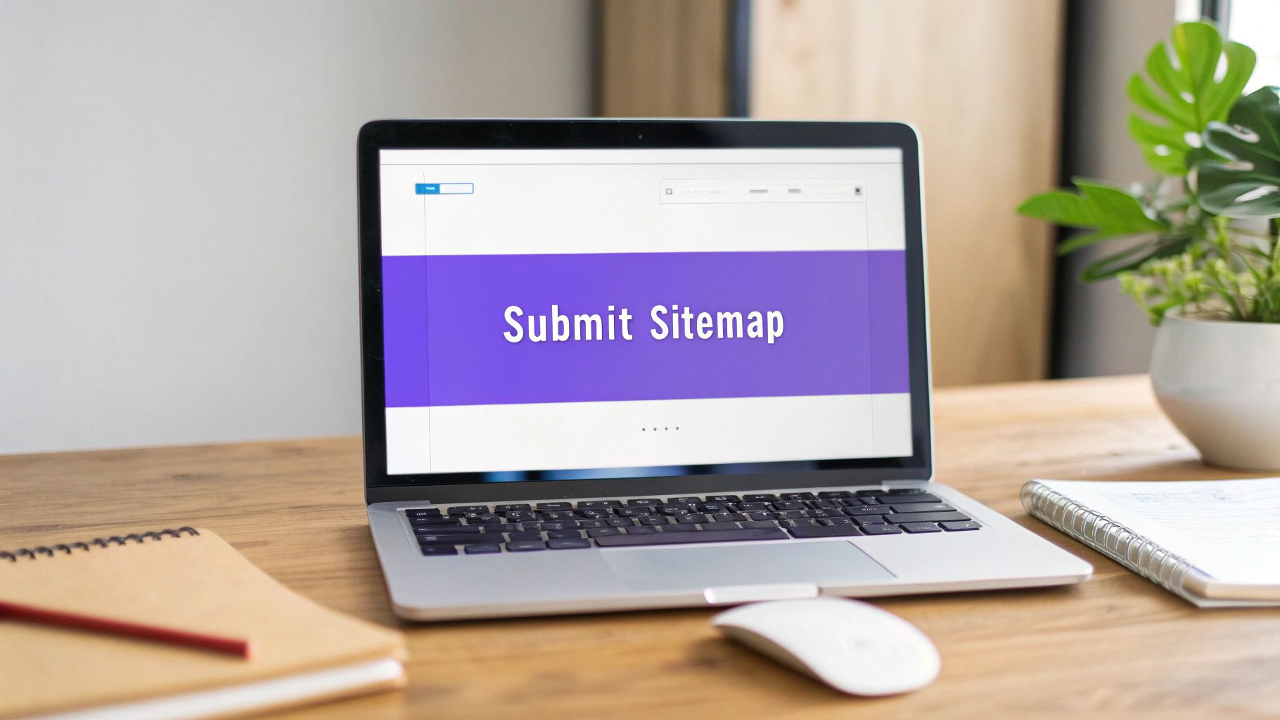A laptop on a wooden desk displays 'Submit Sitemap' on a vibrant purple screen, with a notebook and plant.