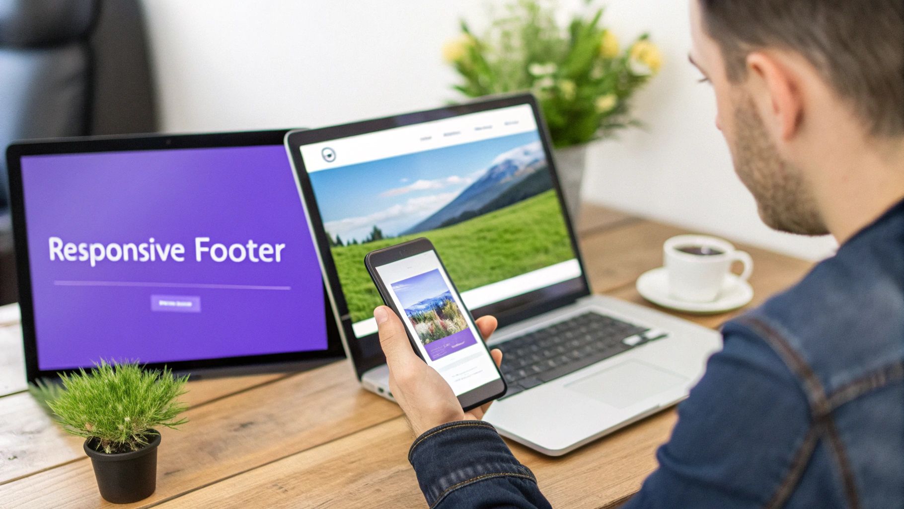A person styling a website footer on a laptop, with mobile and tablet responsive views shown.