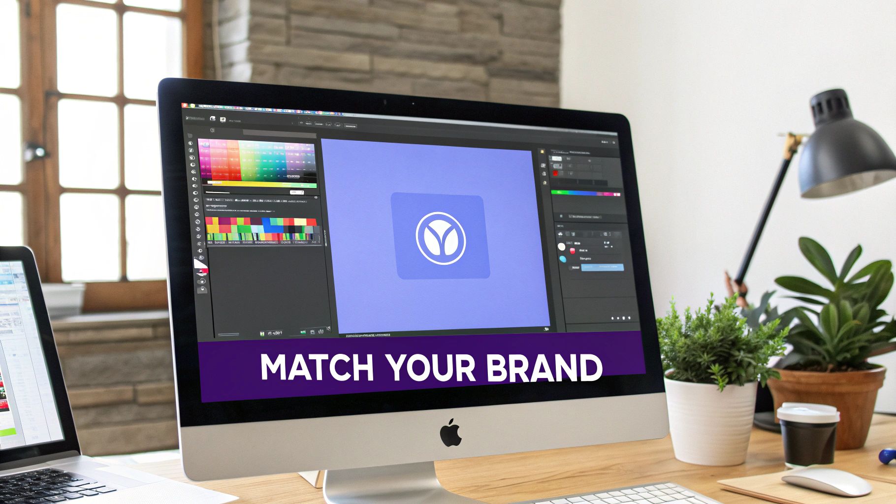An Apple iMac displaying graphic design software with a logo and 'MATCH YOUR BRAND' text on a desk.