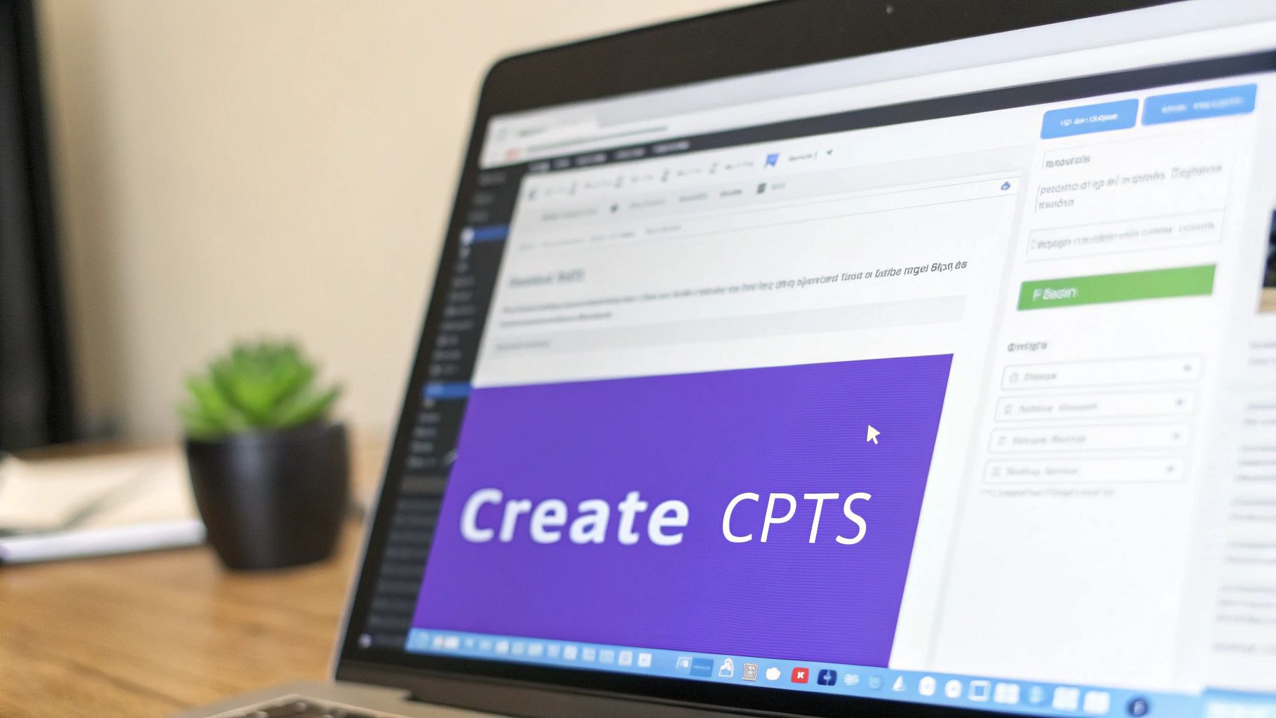 Close-up of a laptop screen showing a website editor with 'Create CPTS' on a purple banner.