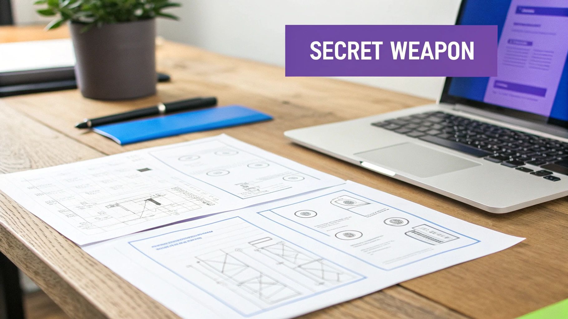 A person sketching a website wireframe on paper with a laptop and coffee nearby.