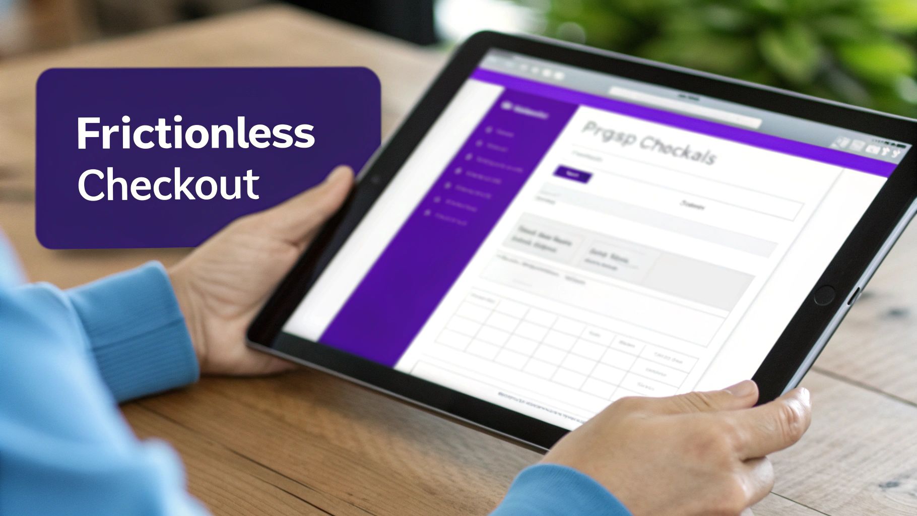 Hands hold a tablet displaying a digital checkout form with 'Frictionless Checkout' overlay.