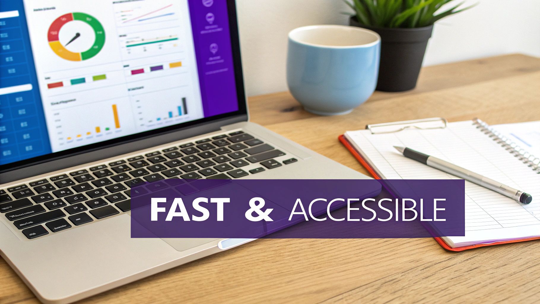 Laptop on a wooden desk displaying charts and graphs, next to a notebook, pen, and coffee mug. Text: FAST & ACCESSIBLE.