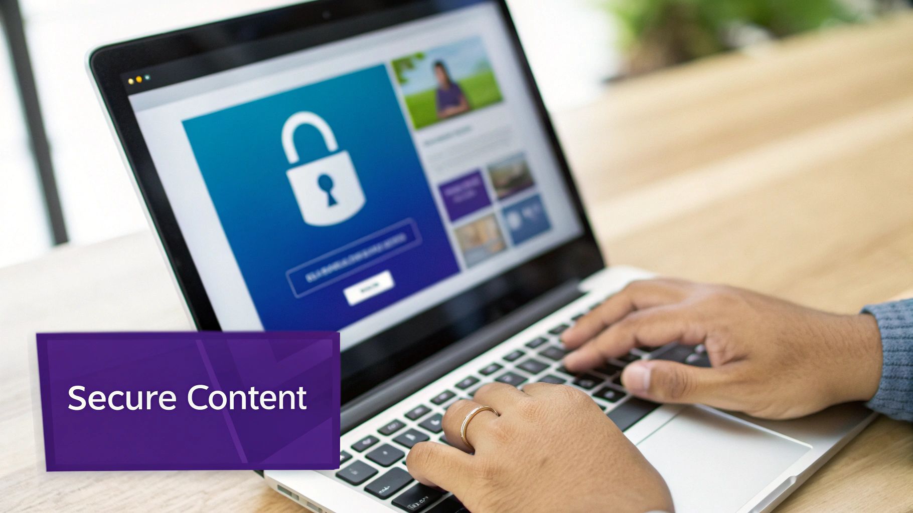 A person types on a laptop screen displaying a large padlock icon and a 'Secure Content' banner.