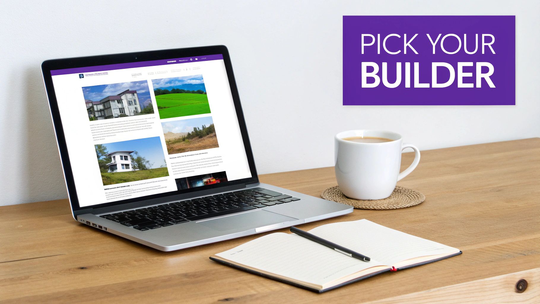 Laptop displaying builder selection website with coffee cup and notebook on wooden desk