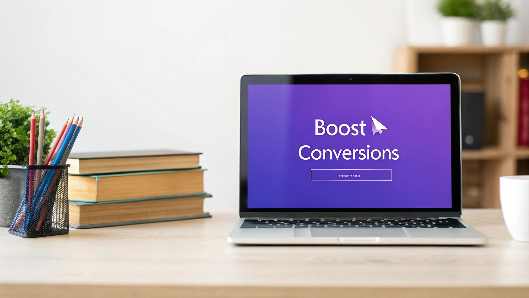 A laptop displaying 'Boost Conversions' on a purple screen in a clean, modern workspace.