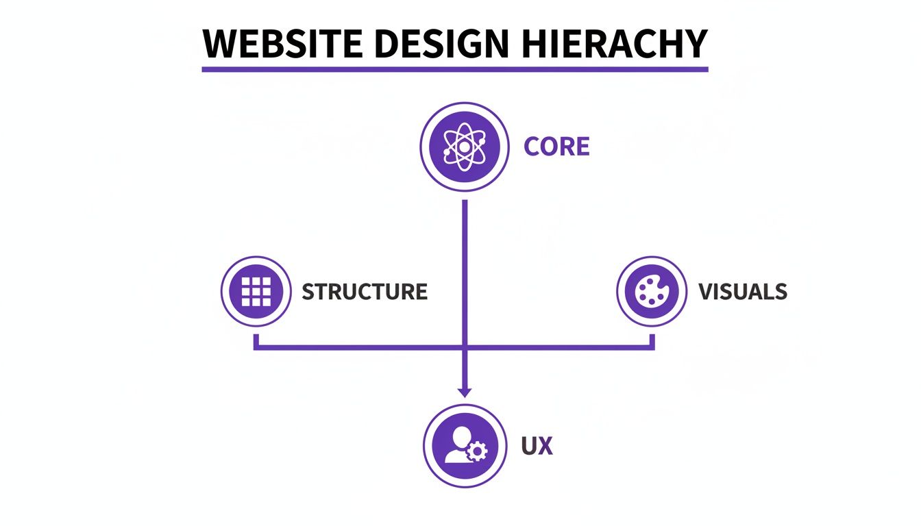 Website design hierarchy diagram showing Core, Structure, Visuals, and UX as key interconnected elements.