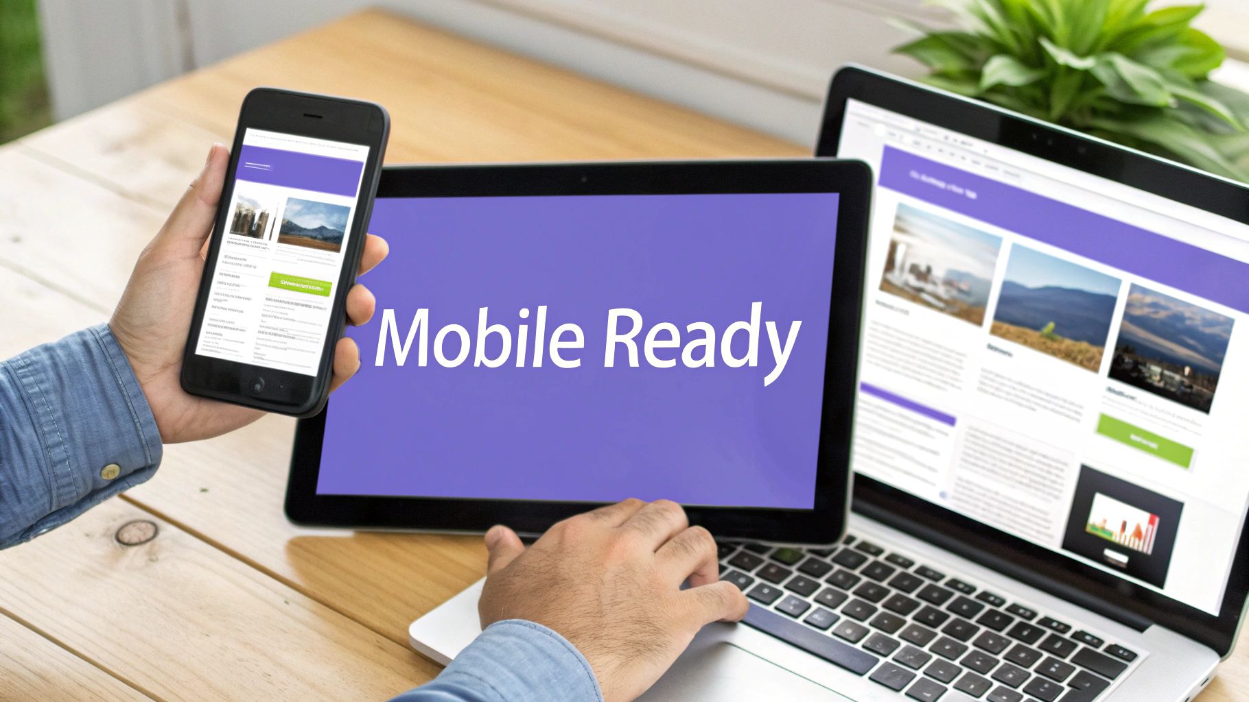 Hands using a smartphone, tablet, and laptop displaying a 'Mobile Ready' responsive website design.