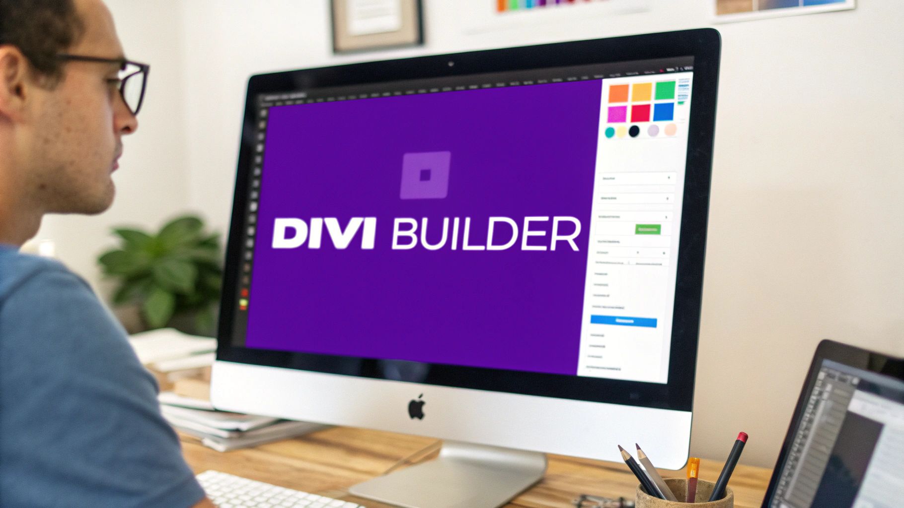 A man wearing glasses intently working on an Apple iMac displaying the Divi Builder interface.