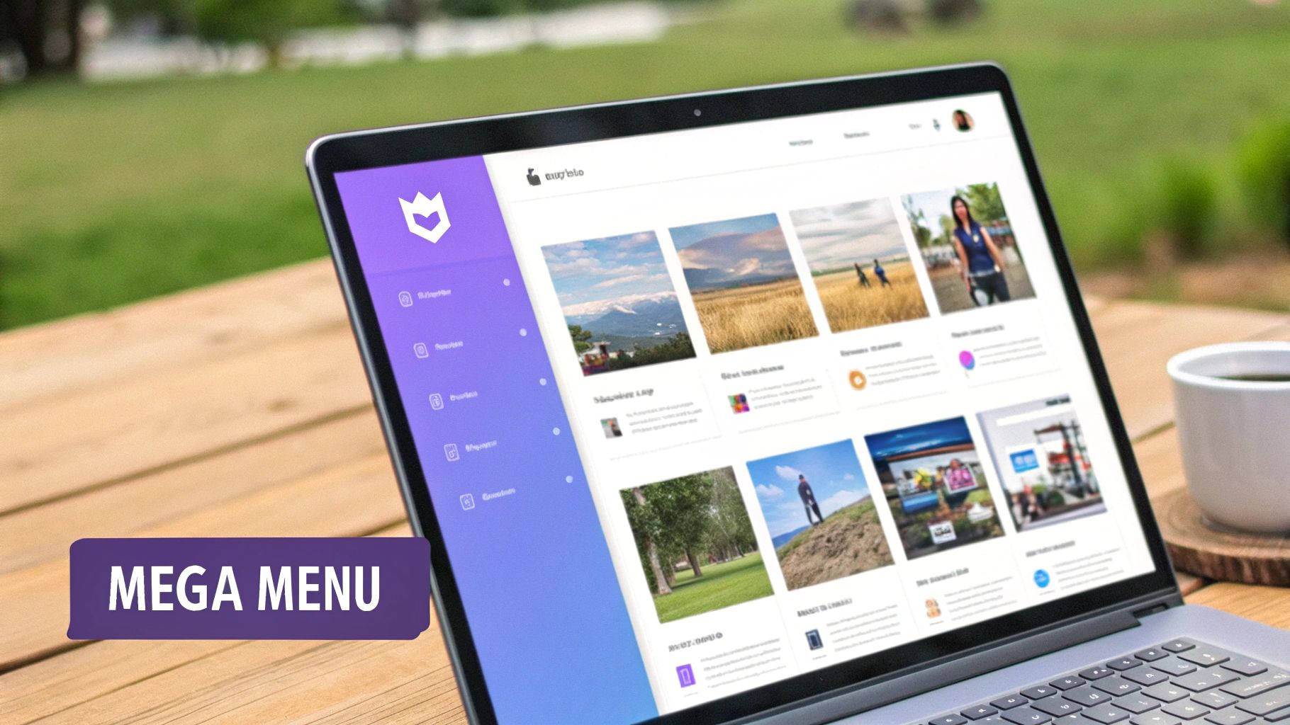 A laptop outdoors displaying a website with a purple sidebar menu, image gallery, and 'MEGA MENU' text.