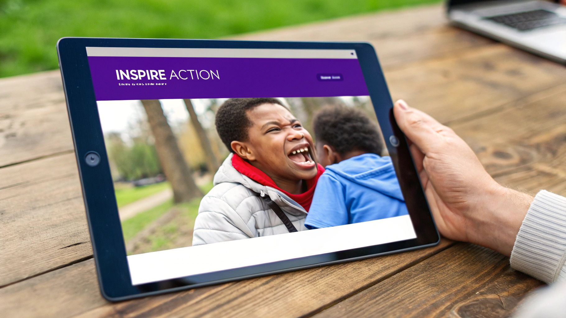 A person sketching out a nonprofit website design on a tablet, with icons for donations and volunteering.