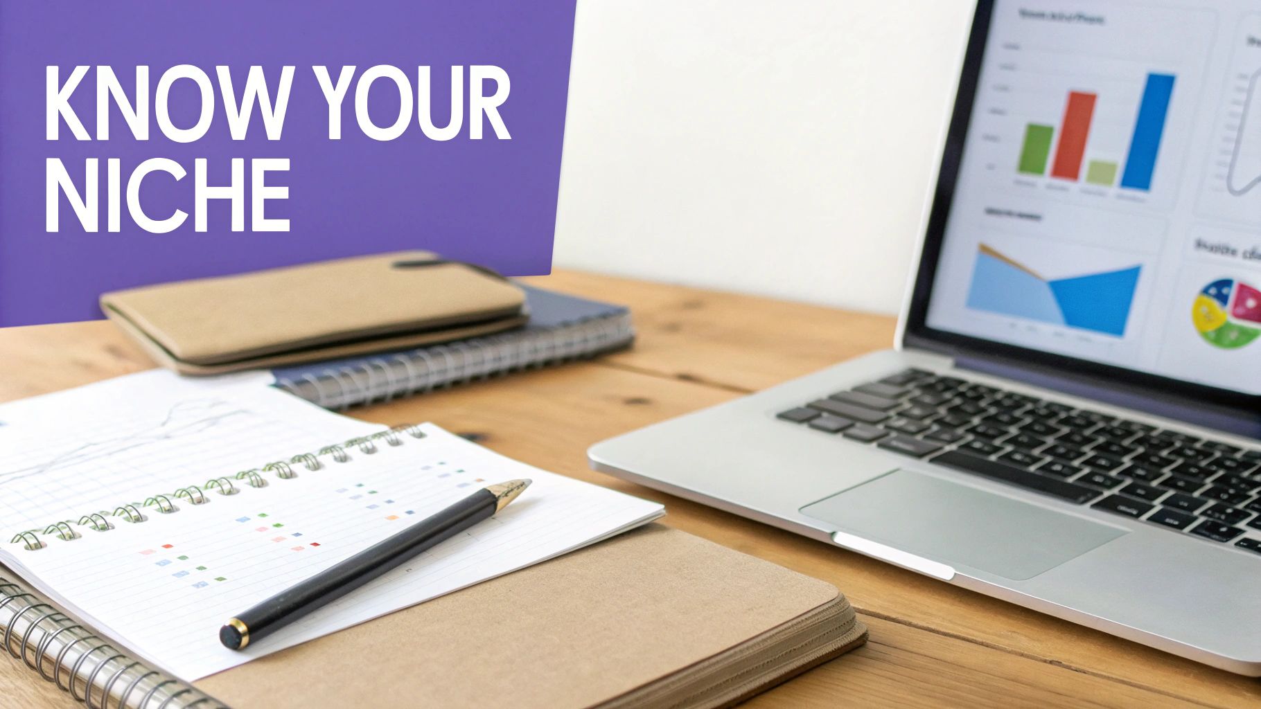 A desk with a laptop showing business analytics, notebooks, a pen, and 'KNOW YOUR NICHE' text.